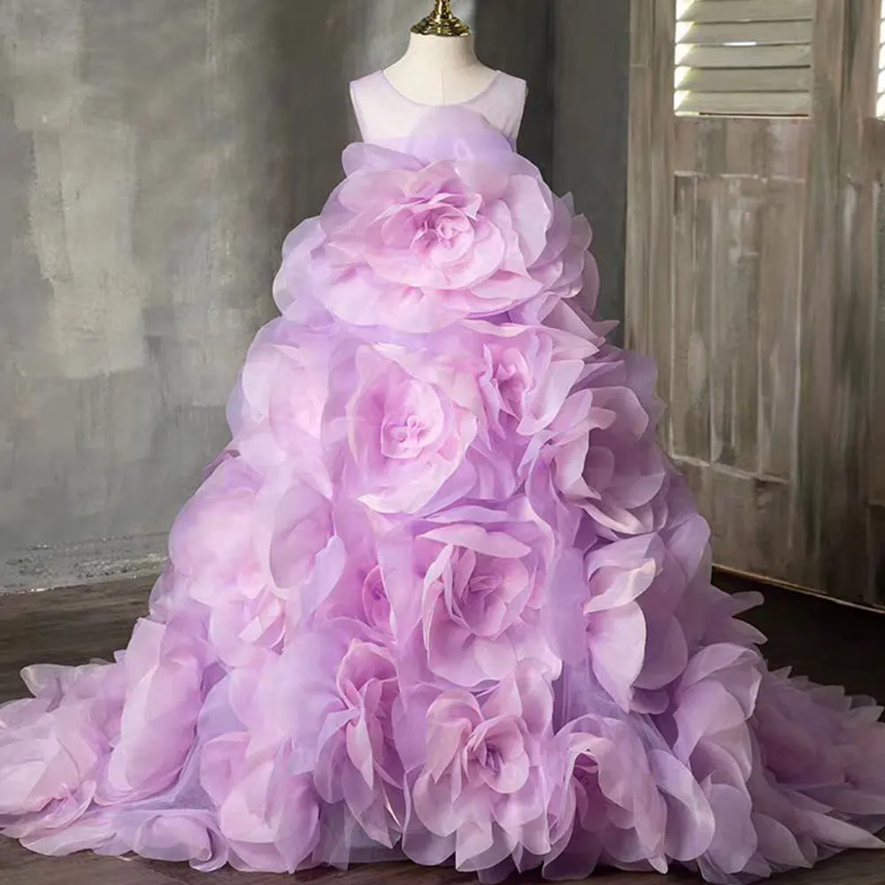 

Jill Wish Luxury Arabic Lilac Girl Dress Handmade 3D Flowers Dubai Kids Princess Birthday Wedding Party Ball Gown 2024 J201