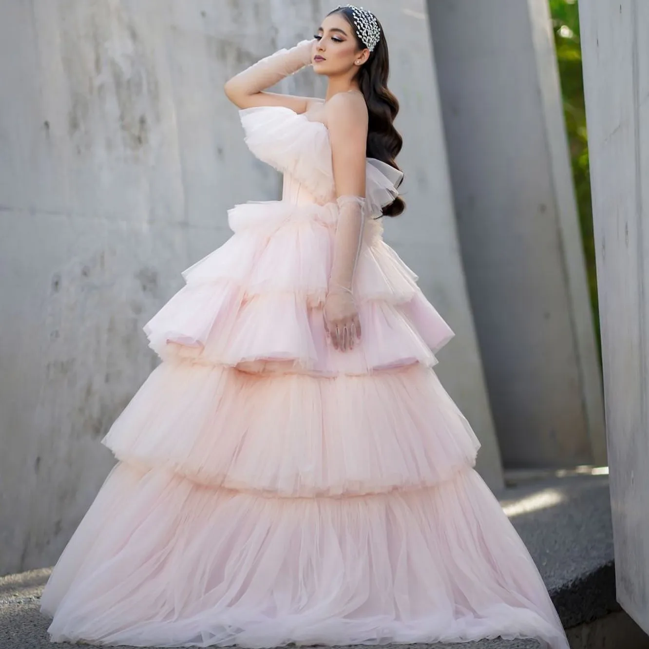 

Light Pink Lush Layered Tulle Long Gowns To Party Pretty A-line Tutu Tulle Bridal Dresses Lace Up Back Women Maxi Dress