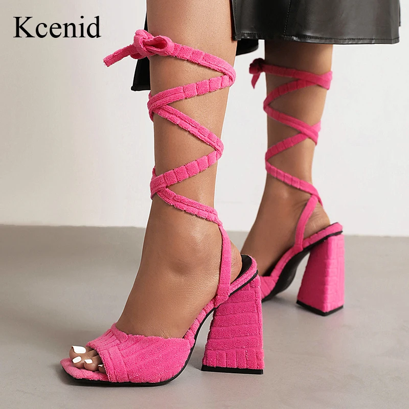 

Летние женские босоножки Kcenid, женская обувь, элегантные женские туфли на шнуровке с квадратным носком и перекрестными ремешками на лодыжке, туфли-лодочки на высоком каблуке