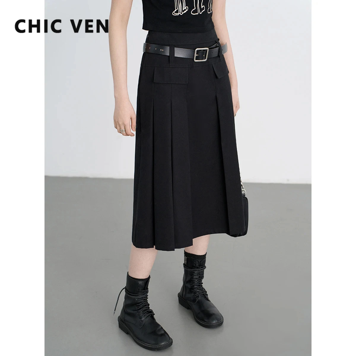 

CHIC VEN Fashion Women Skirts Loose New British H-shaped High Waisted Ladies Pleated Half A-line Long Skirt Spring Summer 2024