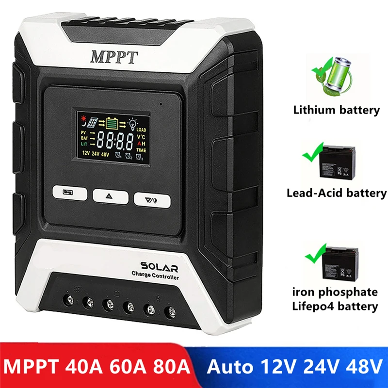 MPPT Solar Charge Controller 80A 60A 50A 40A Solar Panel PV Regulator for 12V/24V/48V Lithium/Lead-Acid/Iron Phosphate Battery
MPPT Solar Charge Controller 80A 60A 50A 40A Solar Panel PV Regulator for 12V/24V/48V Lithium/Lead-Acid/Iron Phosphate Battery