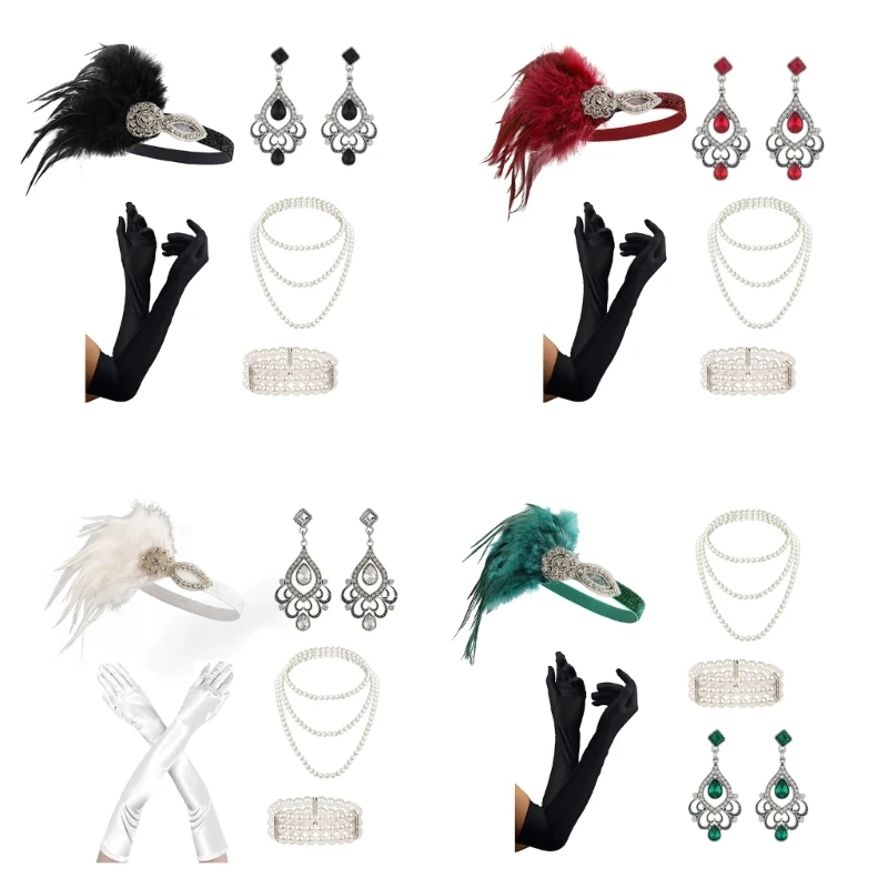 

Punk Feather Hair Hoop with Earring&Pearl Necklace&Bracelet Women Carnivals Etiquettes Glove for Festival Performances HXBA