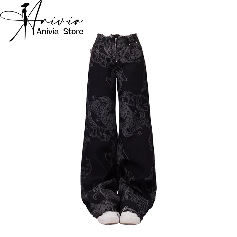 

Women's Black Gothic Print Jeans Harajuku Y2k 2000s Baggy Wide Leg Denim Trousers Oversize Emo Jean Pants Vintage Trashy Clothes