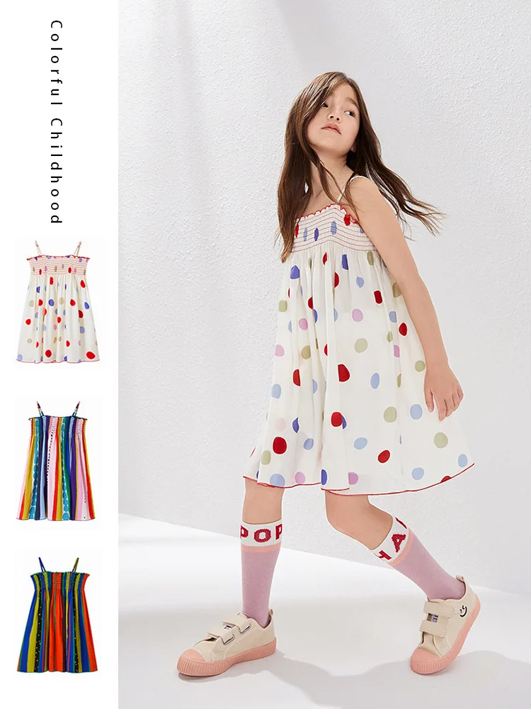 

Платье на бретелях для девочек, детская одежда, Новинка весна-лето 2024, корейский стиль, в полоску, в горошек, трапециевидная юбка-жилет, повседневный стиль для отдыха