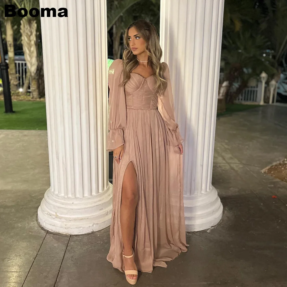 

Booma A-Line Formal Evening Dresses Chiffon Sweetheart Puff Sleeves Long Prom Dresses High Side Slit Party Gowns for Women