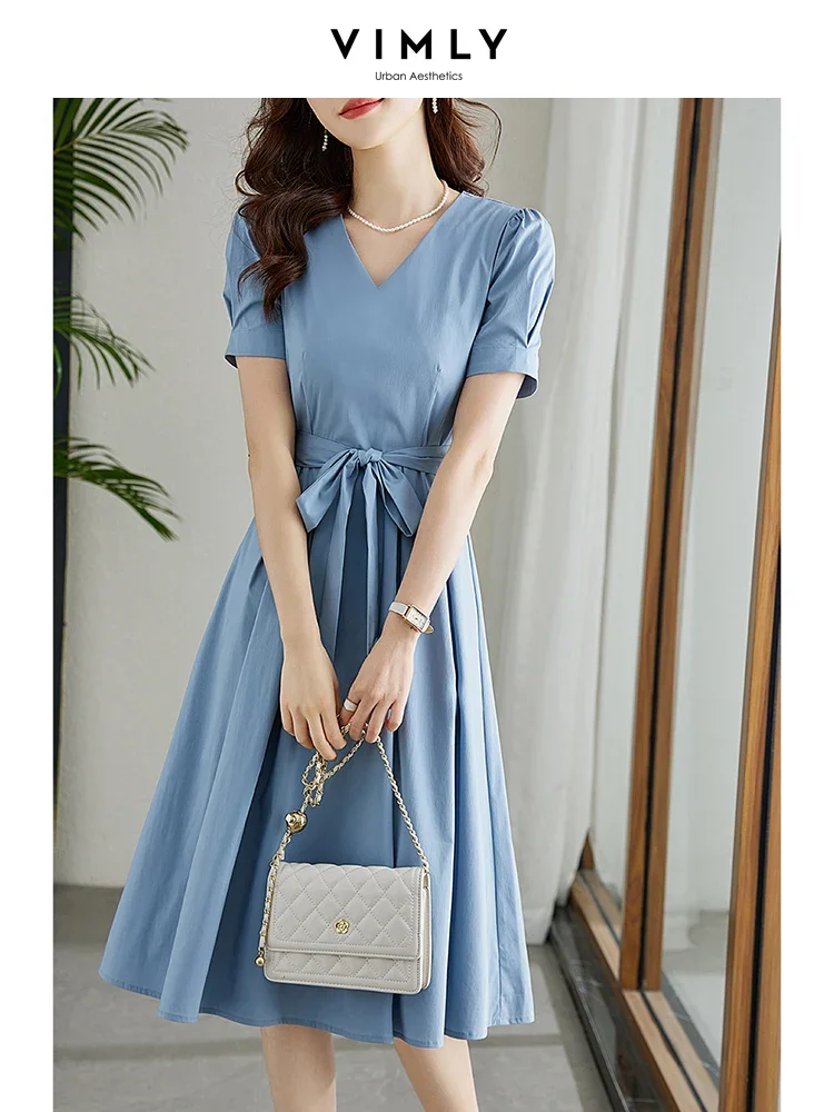 

Vimly French Style Summer Dresses for Women 2024 Elegant Short Sleeve Tie Belt Fitted A-line Swing Midi Dress Womans Clothing