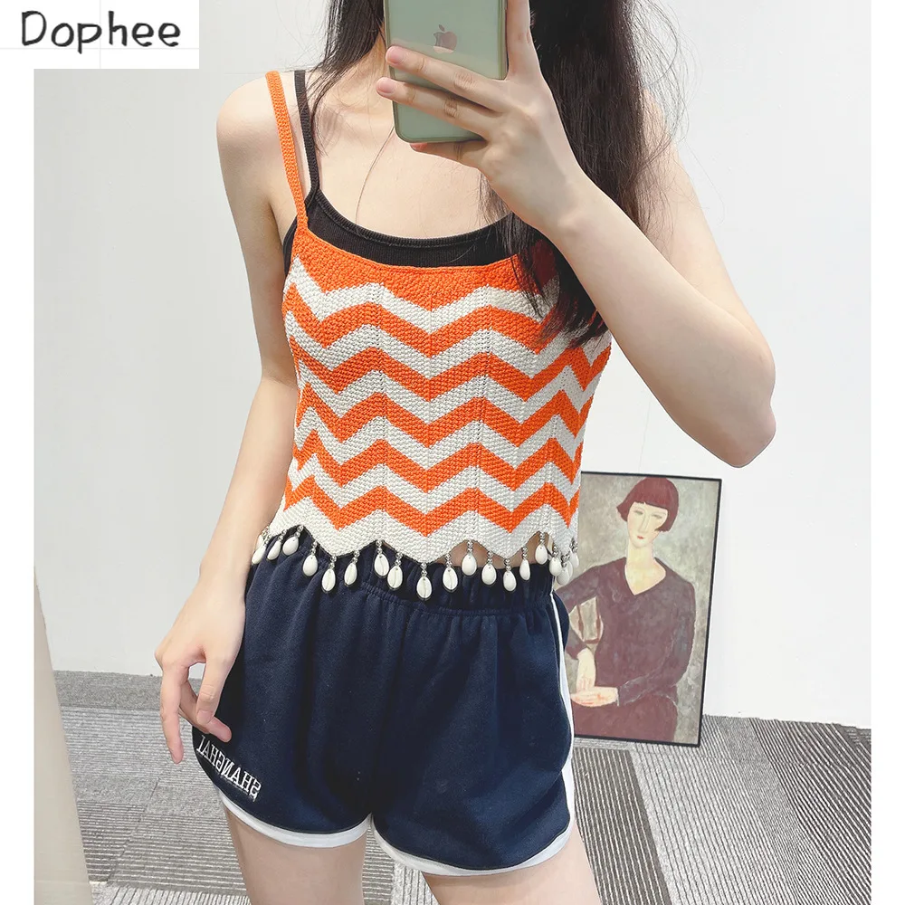 

High Quality Wave Stripes Women Camisole New Summer Holiday Style Beading Tassel Pendant Spice Girls Knitted Tanks Crop Top