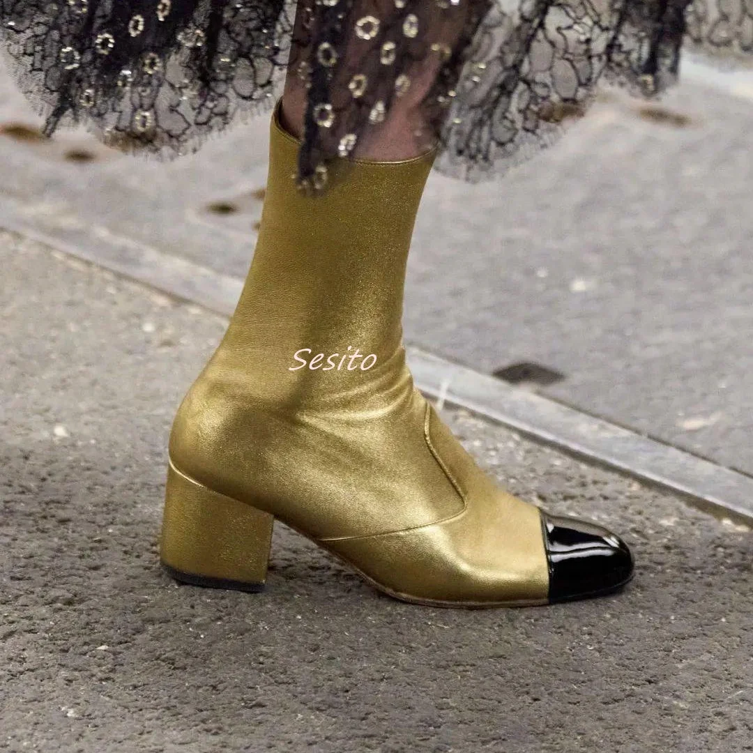 Round Toe Golden Leather Mid Calf Boots Patchwork Patent Leather Tips Block Middle Heels Summer Women Fashion Runway Dress Shoes
Round Toe Golden Leather Mid Calf Boots Patchwork Patent Leather Tips Block Middle Heels Summer Women Fashion Runway Dress Shoes