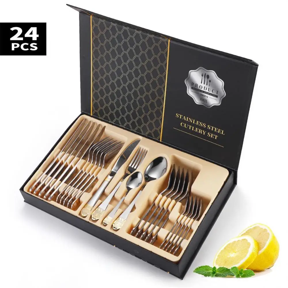 

24pcs Gold Dinnerware Set Stainless Steel Tableware Set Knife Fork Spoon Luxury Cutlery Set Gift Box Flatware Dishwasher Safe