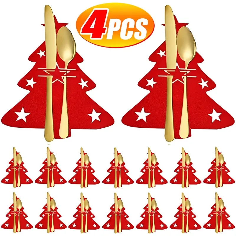 

4pcs Christmas Cutlery Holder Bags Xmas Caps Tree Snowflake Spoon Holder Pockets Knife Fork Set Bags Tableware Organizer Decors
