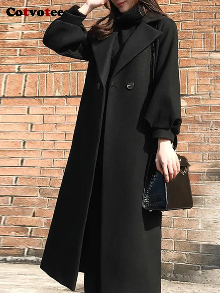 

Cotvotee Black Wool Coat Women Autumn Winter 2023 Office Ladies Long Sleeve Loose Jackets Vintage Turn Down Collar Long Coats