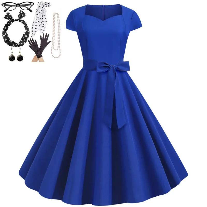 

7pc/set New Summer Solid Color Short Sleeved Bow Knot Casual Dress for Women Vintage Hepburn Retro Large Hem Cocktail Dresses