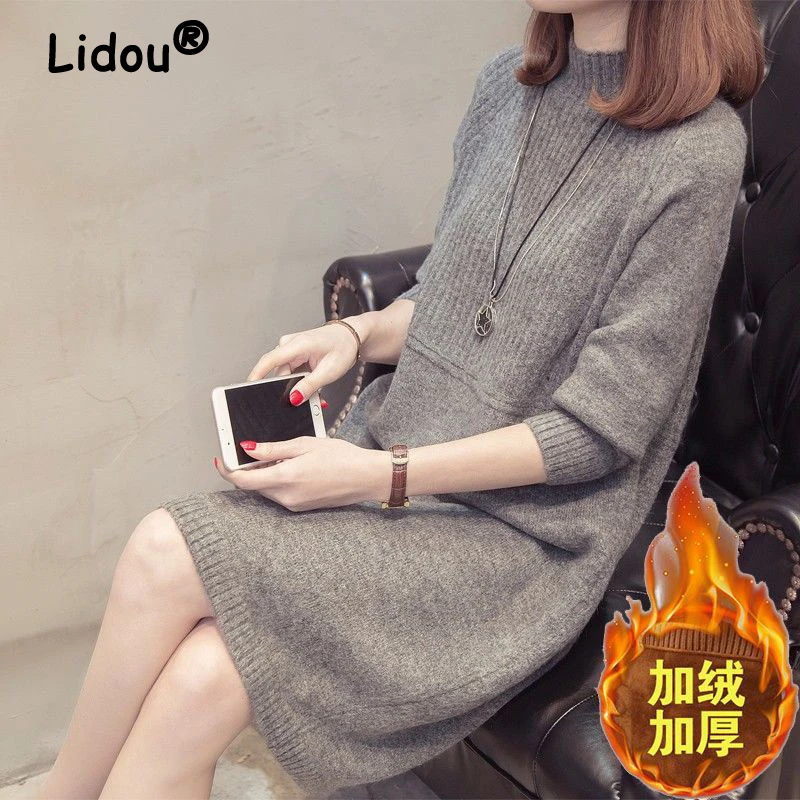 New Autumn Winter Women Half High Collar Fleece Thick Knitted Dresses Casual Solid Long Sleeve Loose Pullover Sweater Midi Dress
New Autumn Winter Women Half High Collar Fleece Thick Knitted Dresses Casual Solid Long Sleeve Loose Pullover Sweater Midi Dress