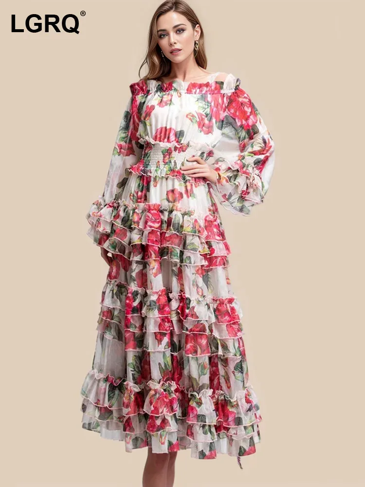 

LGRQ Ruffled Design Dresses For Women Slash Collar High Waist Long Sleeve Elegant Off Shoulder Dress Female Spring 2024 3WM443