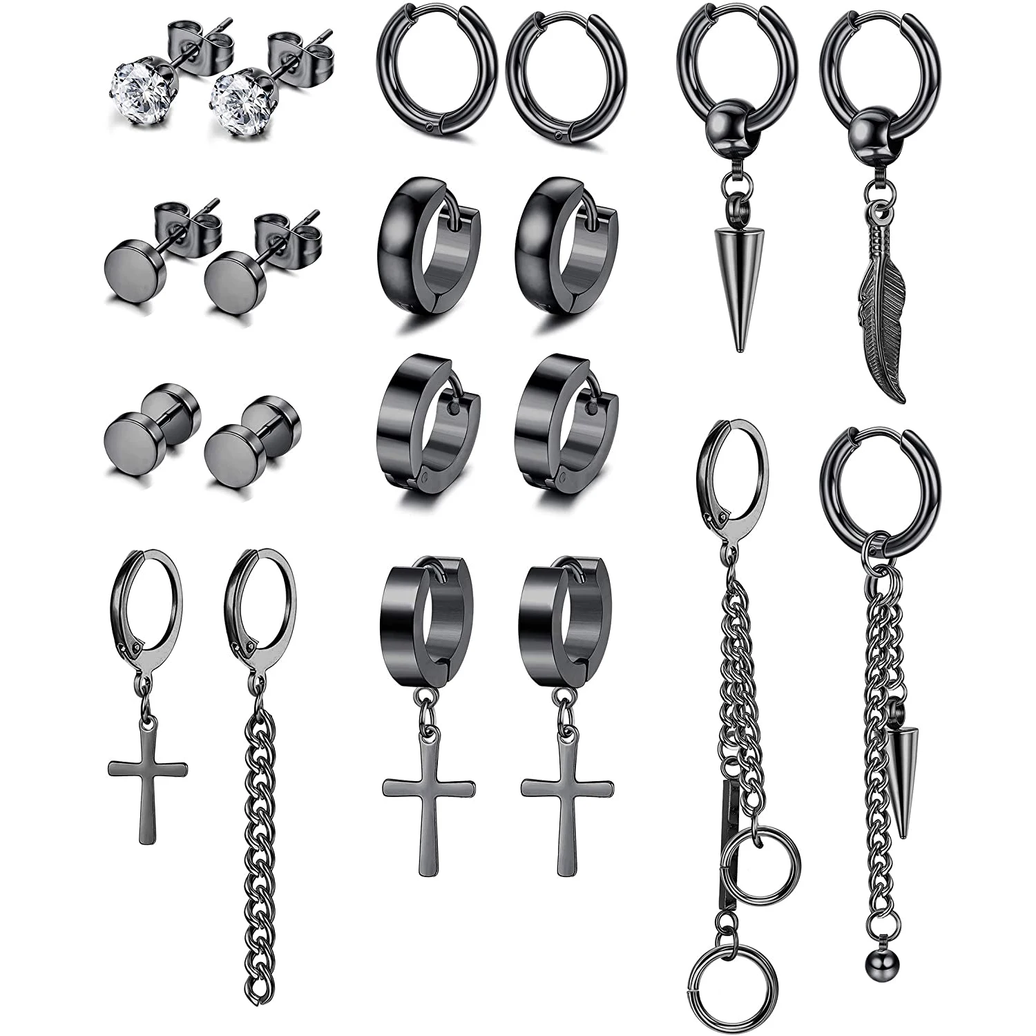 1-10 Pairs Stainless Steel Dangle Earrings for Men Women Cool Black CZ Stud Hinged Hoop Cross Feather Chain Drop Earring Set
1-10 Pairs Stainless Steel Dangle Earrings for Men Women Cool Black CZ Stud Hinged Hoop Cross Feather Chain Drop Earring Set