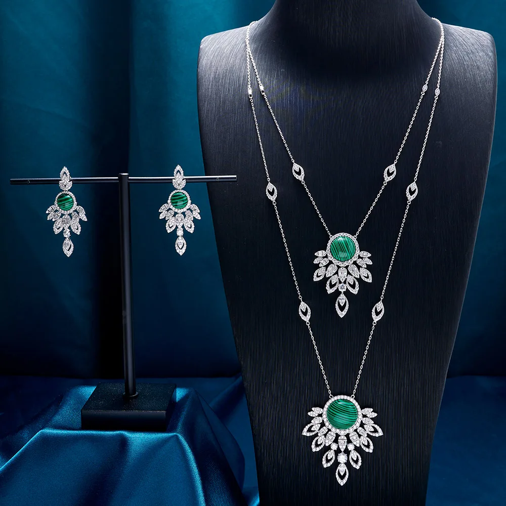 

IN JEWELRY Women Long Necklace Set Cubic Zirconia Party jewelry Malachite Layered Necklace Earrings Wedding Bridal Jewellery