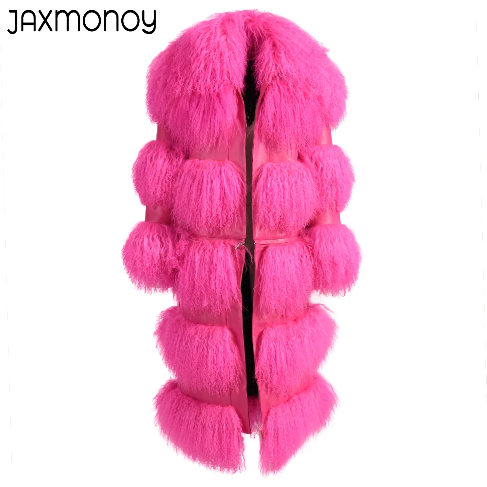 

Jaxmonoy Plus Size Mongolian Sheep Fur Long Coat Winter Genuine Leather Jacket Splice Real Sheep Fur Trench Coat Hem Removable