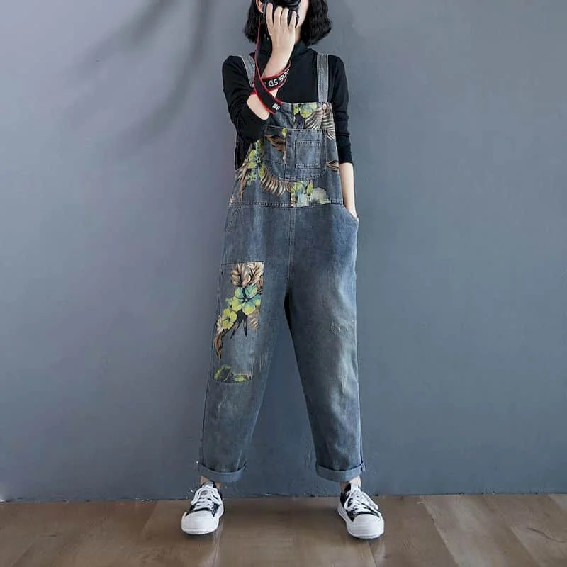 

Denim Jumpsuits for Women Korean Fashion Rompers Printed Casual Vintage Playsuits Straight Harem Pants One Piece Outfit Women