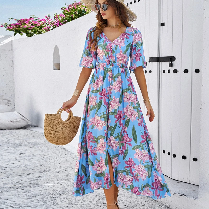 

Blue Cotton Rayon Floral Printed Dress For Women Robe Vintage V-Neck Bohemian Long Dresses Summer Boho Beach Wear Vestidos