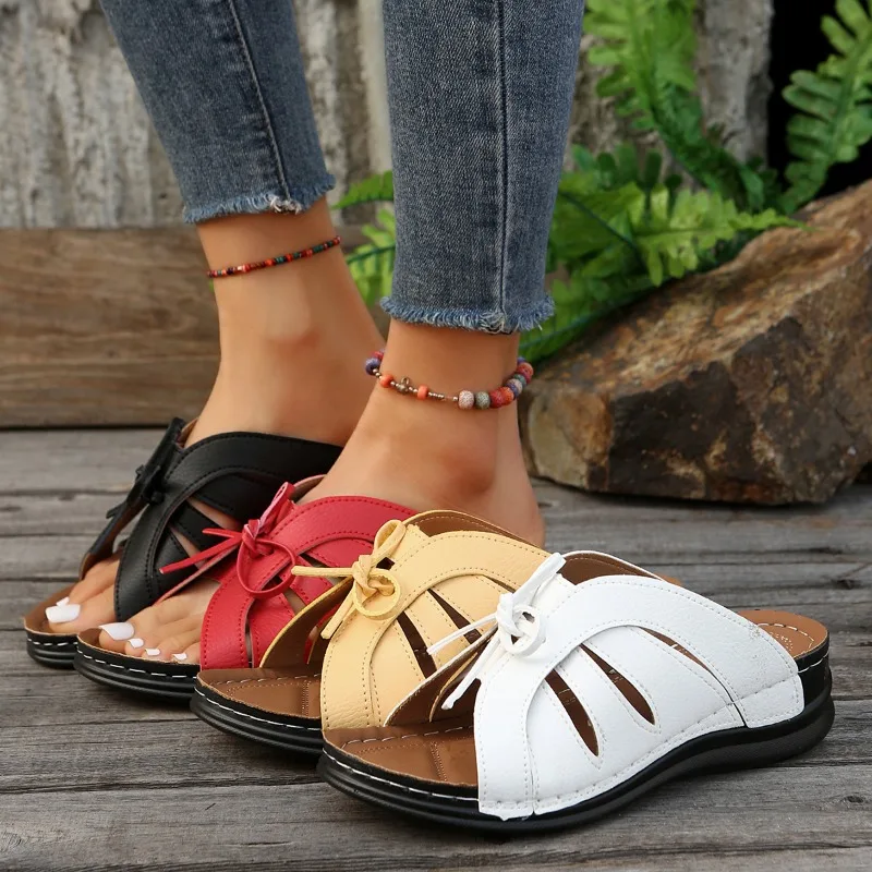 

2024Women Bow Wedges Slippers Platform Shoes Summer Beach Flip Flops Female New Fashion Sandals Casual Slides Big Size