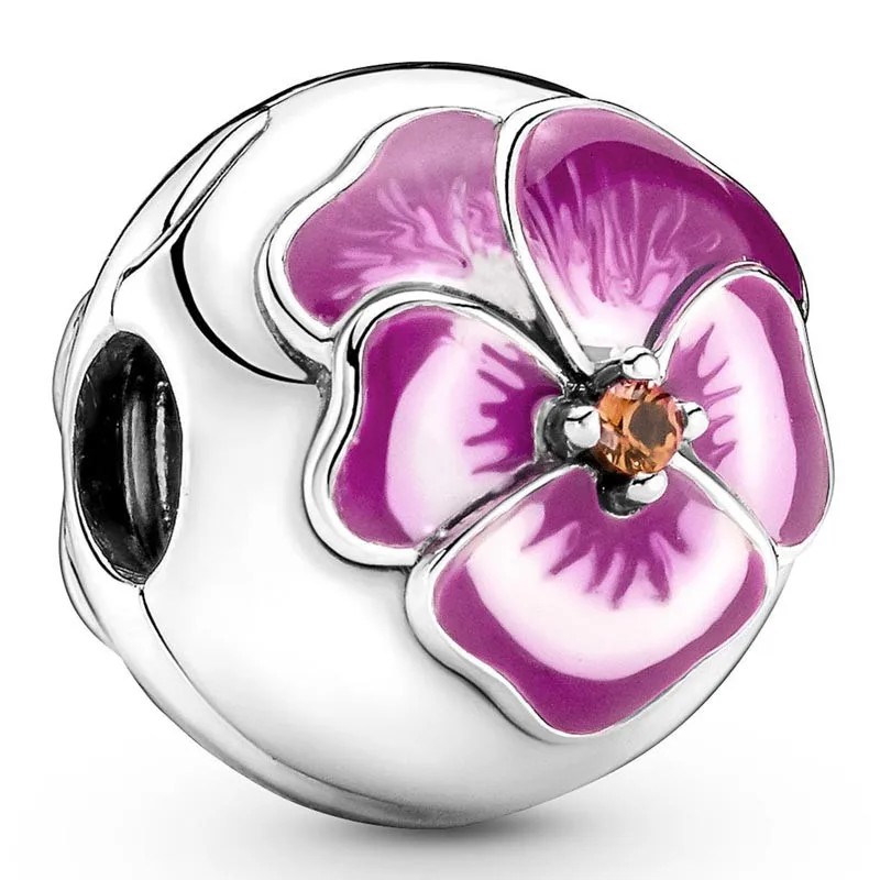 

Authentic 925 Sterling Silver Moments Pink Pansy Flower Clip With Crystal Charm Bead Fit Pandora Bracelet & Necklace Jewelry