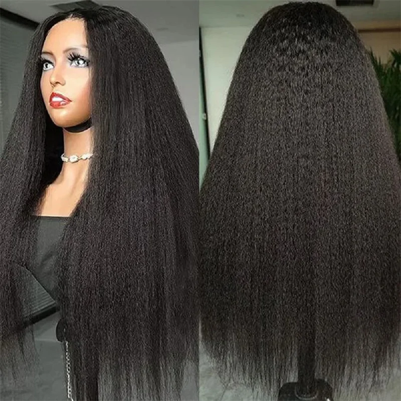 

Deep Preplucked Yaki Black 30Inch Long Kinky Straight Lace Front Wig For Women With Baby Hair Synthetic Glueless Daily Wear Wig