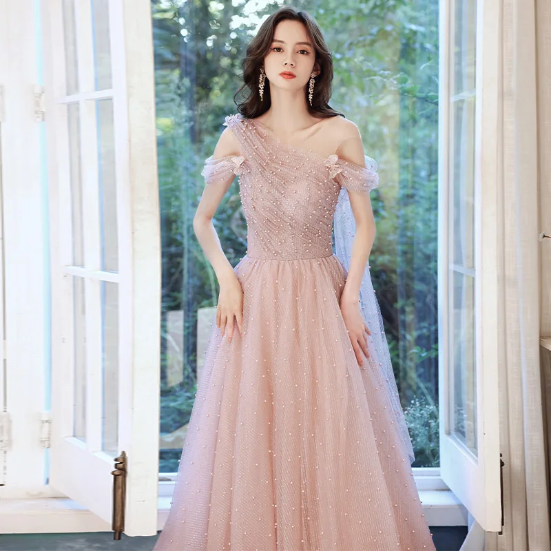 

Women's Exquisite Evening Dress French Style Elegant Beading O-Neck Off Shoulder A-Line Floor-Length Banquet Dresses Prom Wear