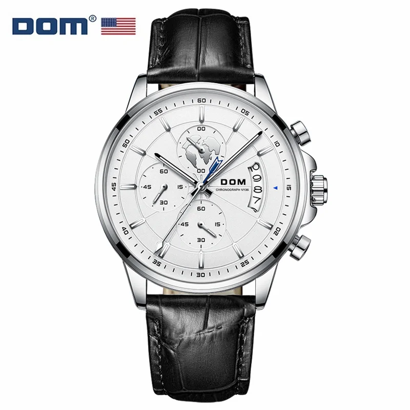 

DOM 8623 Men's Quartz Watch Stainless Black Leather Fashion Elegant Business Date Pointer Luminous Wristwatches for Male Watche