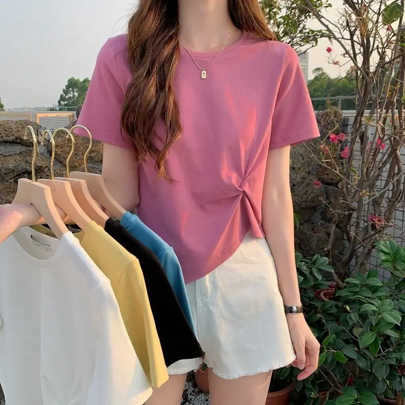 Tshirt Women 2022 Summer Clothes Cotton Scheming Irregular Design Short Sleeved Top Short Simple Solid Color Tshirts for Women
Tshirt Women 2022 Summer Clothes Cotton Scheming Irregular Design Short Sleeved Top Short Simple Solid Color Tshirts for Women