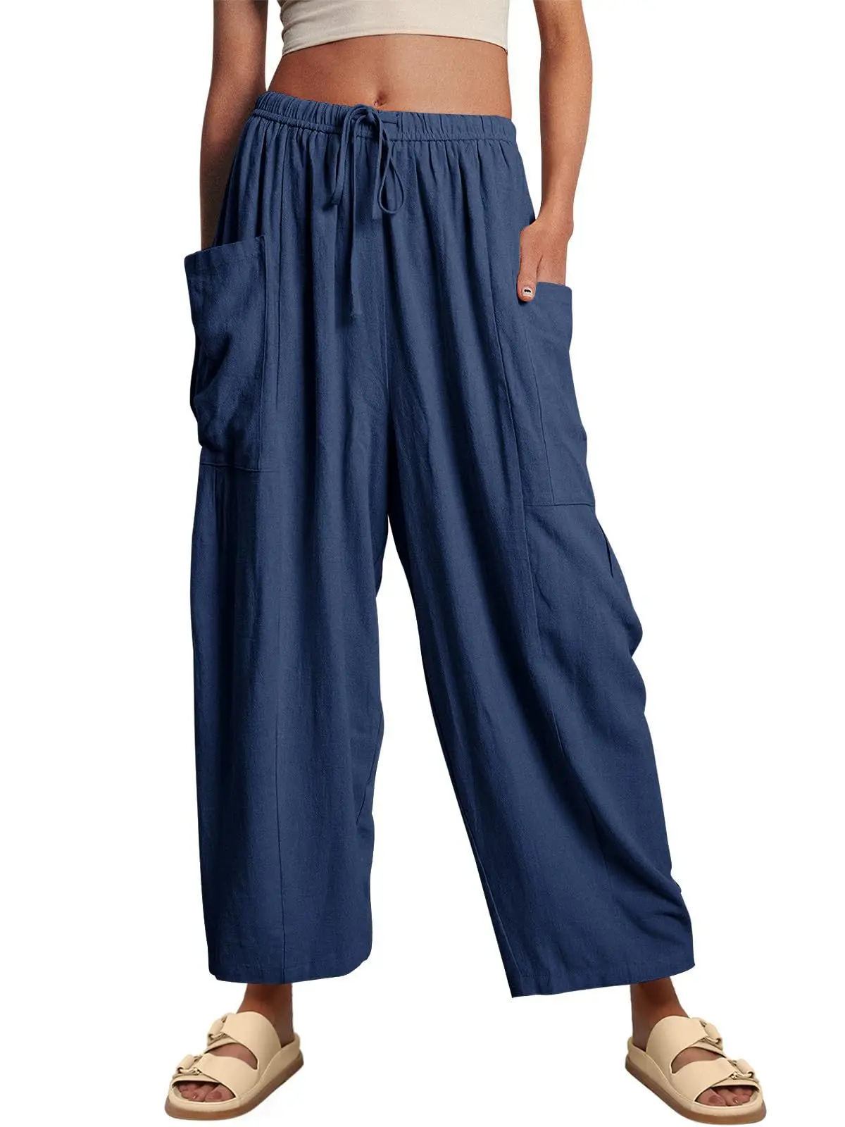 

Women Casual Pockets Cropped Pants Female Wide Leg Pants Loose Soild Color High Waist Drawstring Elastic Waist Trousers