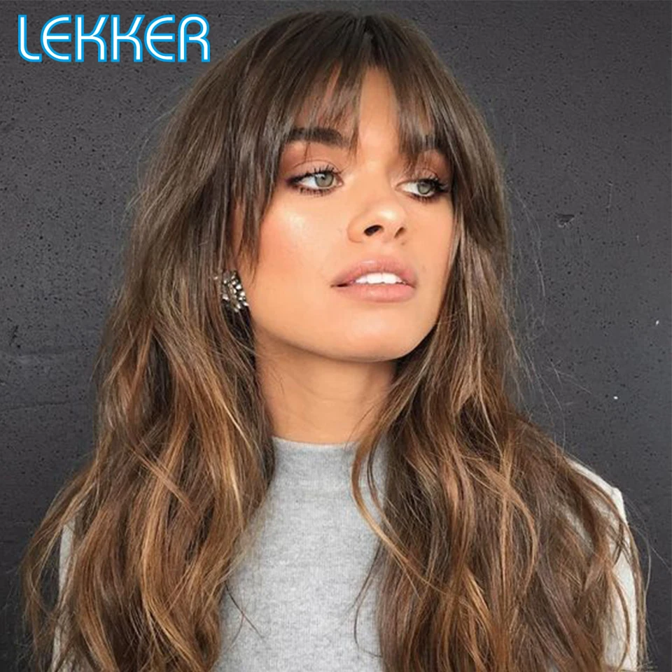 

Lekker Wear to go Highlight 22" Brown Wavy Human Hair Wig With Bangs For Women Brazilian Remy Hair Glueless Long Deep Wavy Wigs