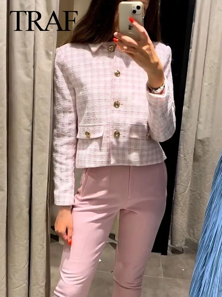 

TRAF 2023 Female Fashion Pocket Single-Breasted Decorate Slim Suit Coat Female Chic Long Sleeve Lapel Pink Keep Warm Overcoat