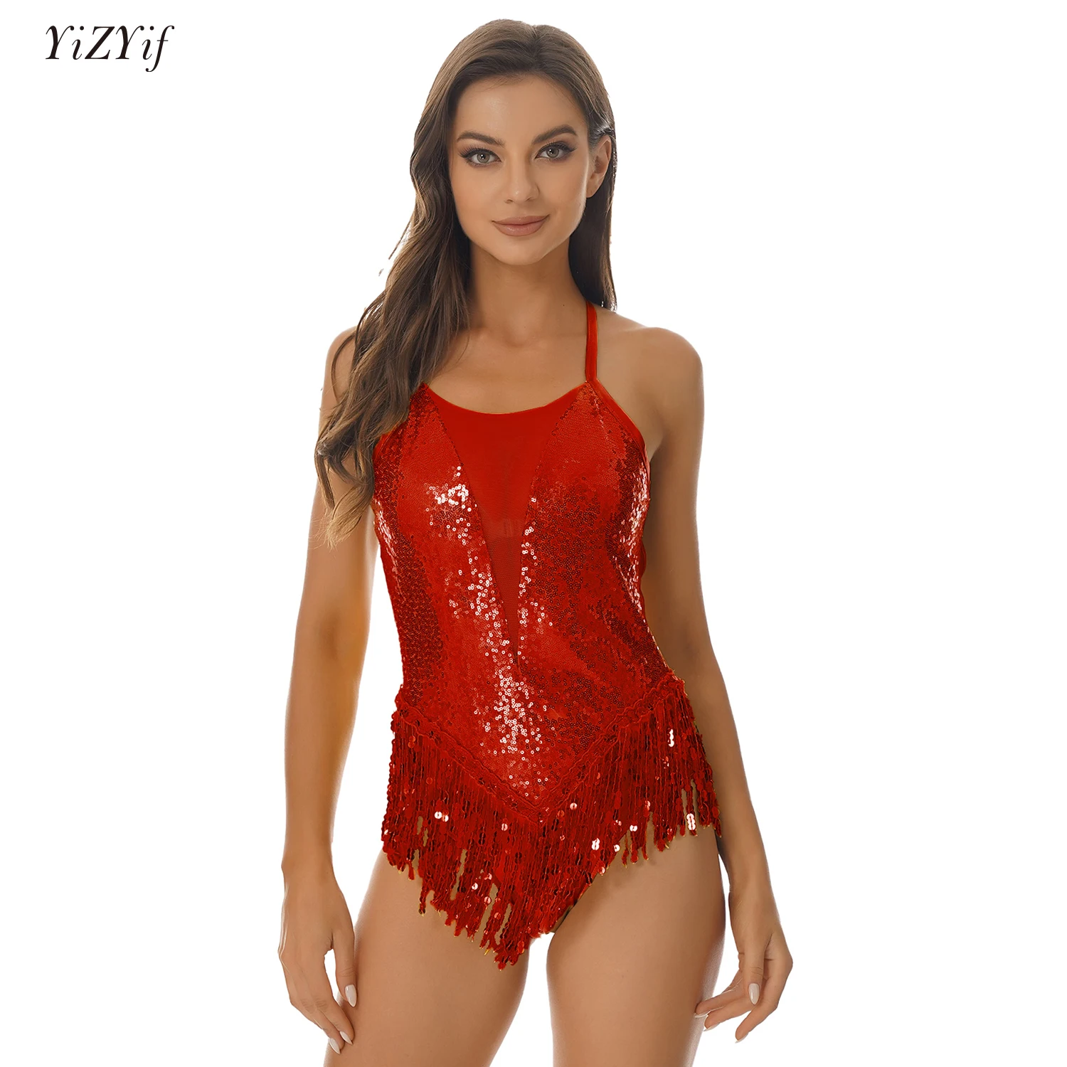 

Women Shiny Sequins Latin Dance Costume Jazz Tango Fringed Tassel Leotard Bodysuit Dress Cha Cha Rumba Performance Dancewear