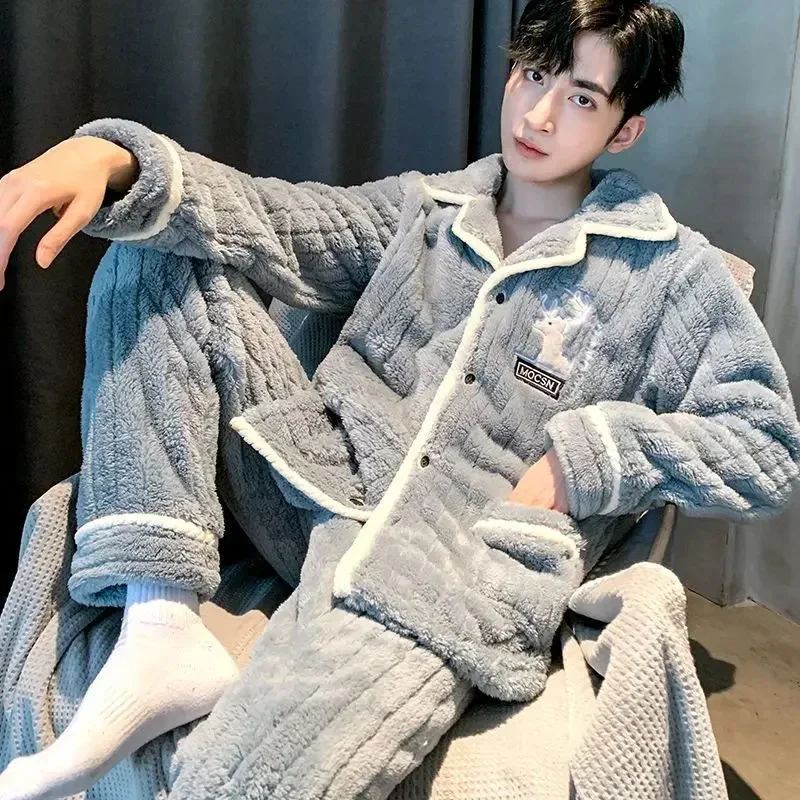 

Pajama Man Sleepwear Autumn Winter Warm Pajamas Set Coral Velvet Fleece Hooded Single Breasted Soft Nightwear Home Clothes New