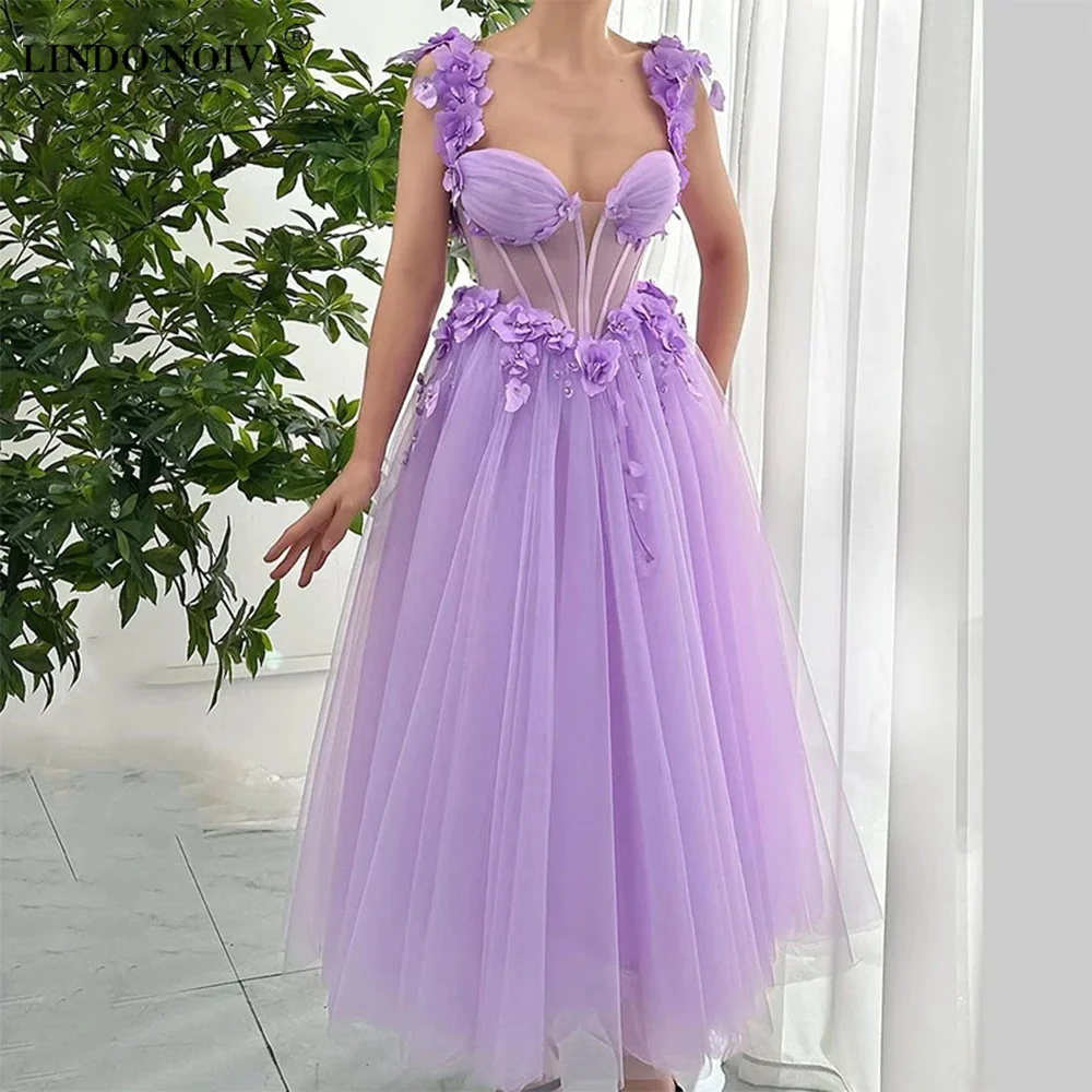 

LINDO NOIVA Lavender Tulle Flowers Prom Dresses Sweetheart Fairy Princess Appliques Evening Gowns Vestidos Formal Party Dress