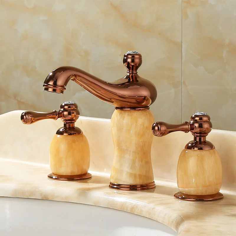 

Sijie Nuoya European style all-copper natural jade three-hole basin hot and cold water faucet marble gold rose faucet