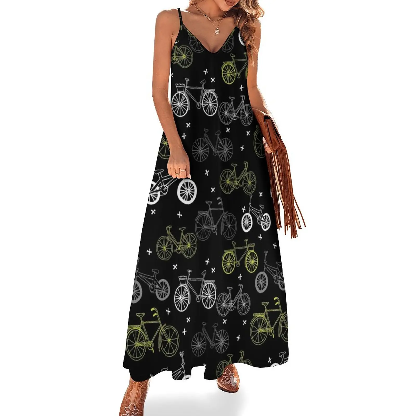 

Женское платье без рукавов, черно-серое платье с рисунком велосипедов от andrea lauren