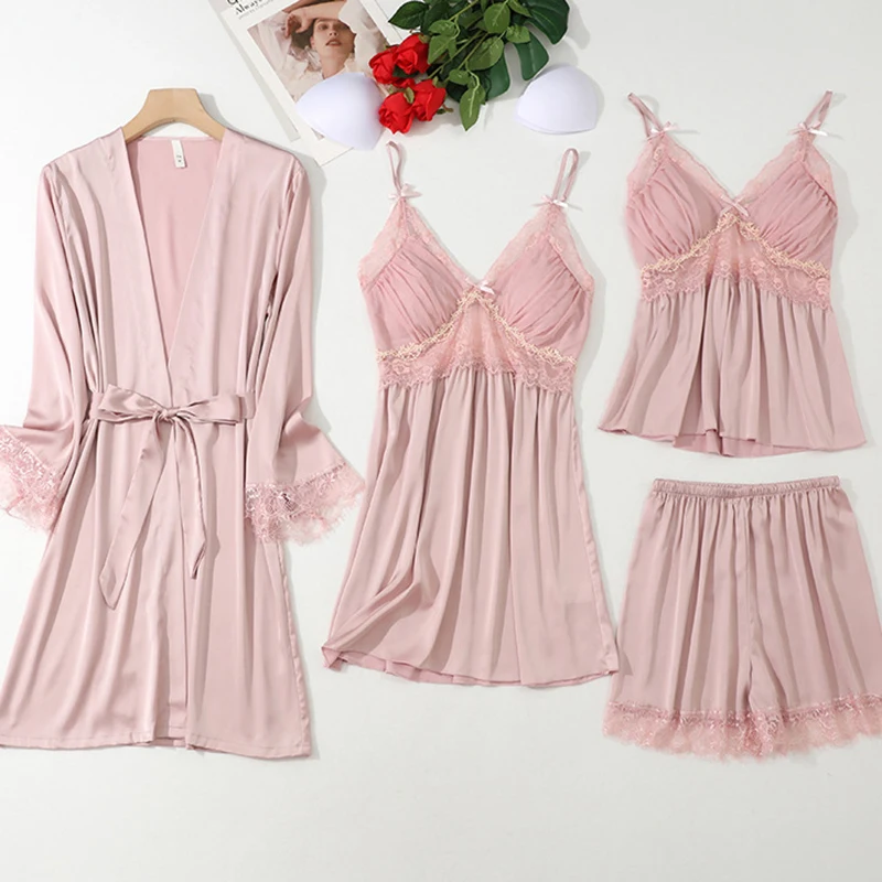 

Летний женский пижамный комплект из четырех предметов, пикантная розовая кружевная пижама в стиле пэчворк, Пижамный костюм, свободная шелковая атласная Домашняя одежда, одежда для отдыха