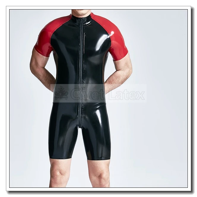 

Civet Latex Leotard for Men Red Short Sleeves Front 2 Way Zip Cool Customied 0.4mm K1