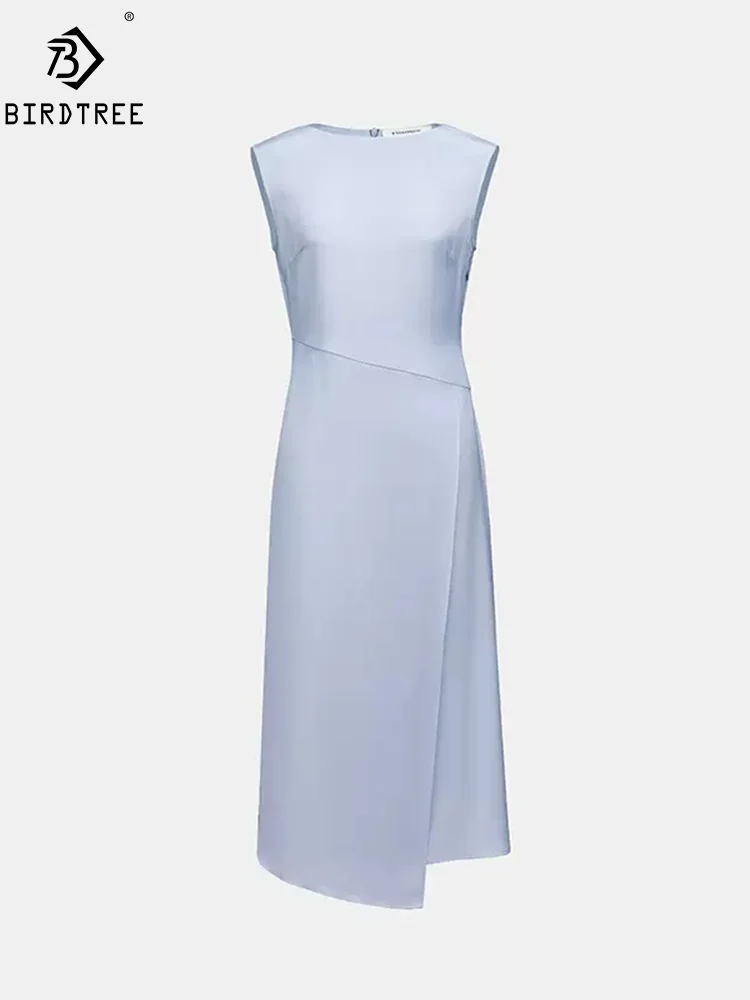 

BirdTree, 30MM 90%Real Silk Dresses, Women Solid Sleeveless Asymmetry, Origin Design OL Elegant Dress, 2024 Summer New D45490QM