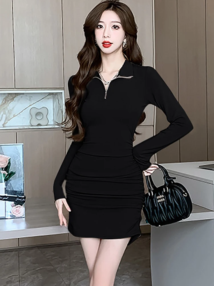 

Черное облегающее зимнее платье с длинным рукавом, женское корейское винтажное платье для выпускного вечера в стиле Хепберн, модное элегантное Плиссированное шикарное платье 2023