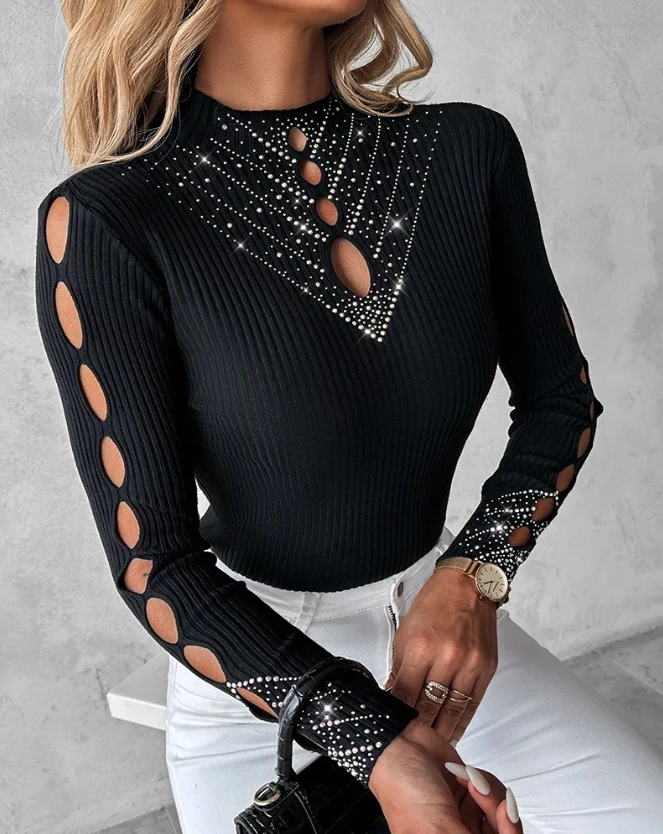 

Модная женская блузка, Новинка осени 2023, повседневный Универсальный однотонный Вязаный топ с ложным воротником и вырезами, Y2K одежда