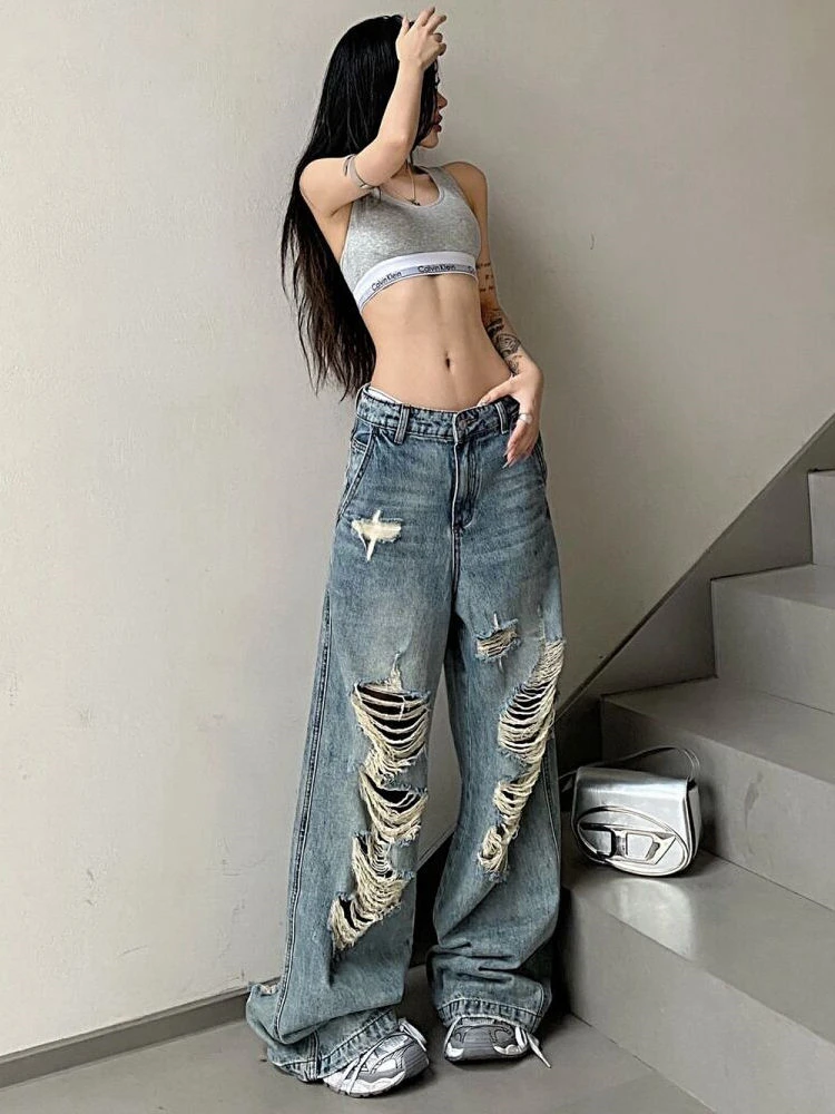 

Women's Retro Spicy Girl Distressed Straight Jeans Street Style Baggy Bottoms Casual Trousers Female Wide Leg Hole Pants