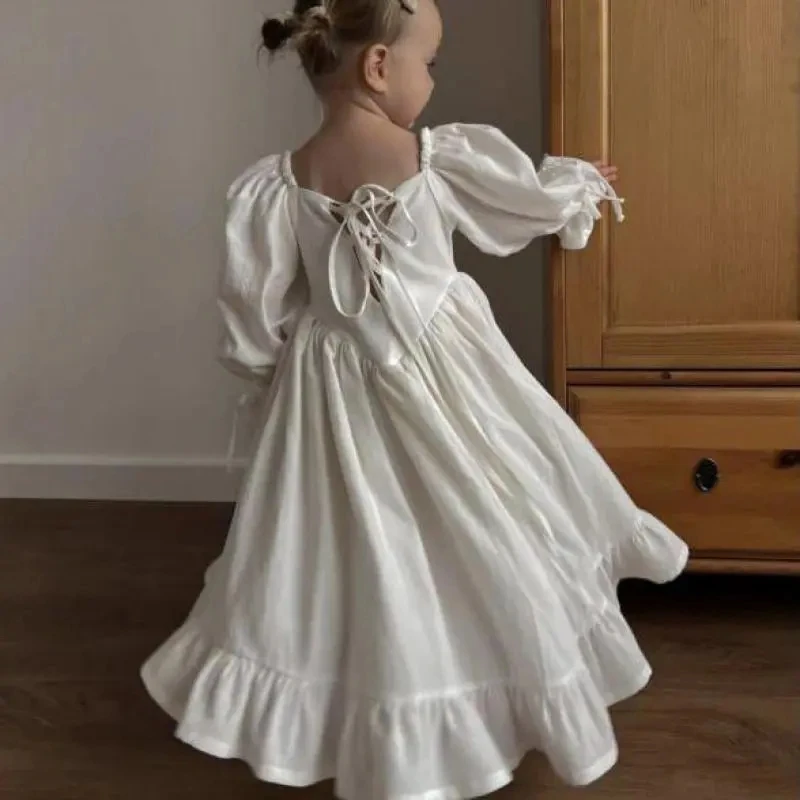 

Spring Autumn Girls Cotton Linen Lolita Dress Children Palace Ruffle Puff Sleeves Long Dresses White Princess Dress Baby Clothes