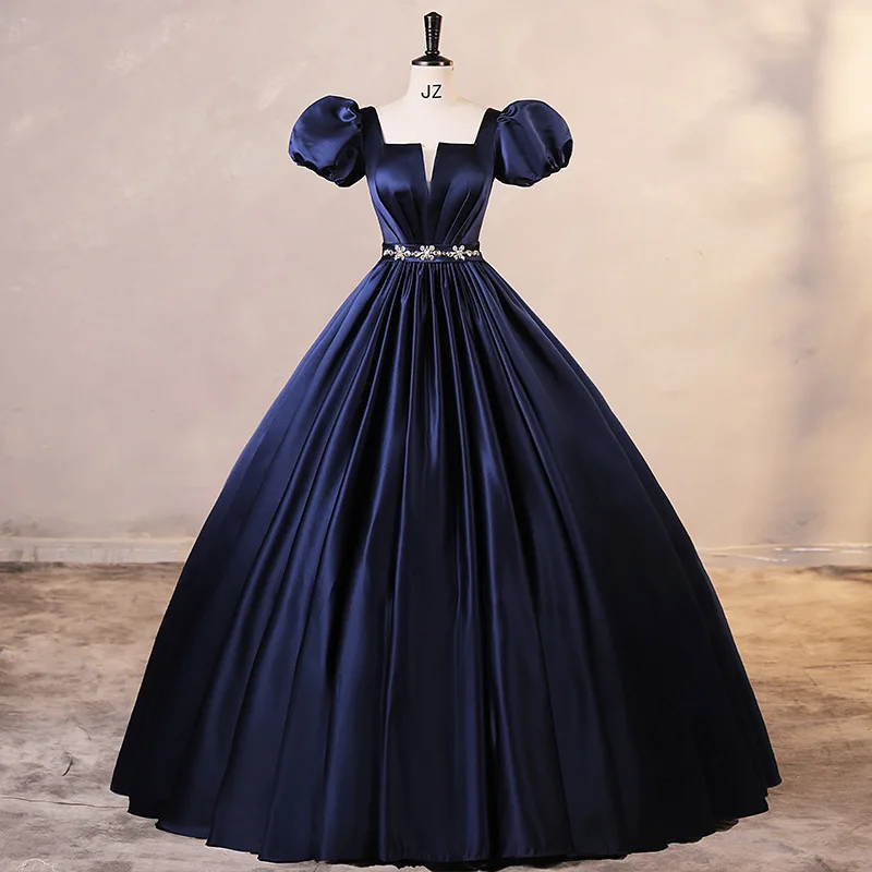 

2024 New Quinceanera Dresses Dark Blue Simple Vintage Ball Gown Dress With Puff Sleeve Elegant Floor-length Puffy Prom Dress