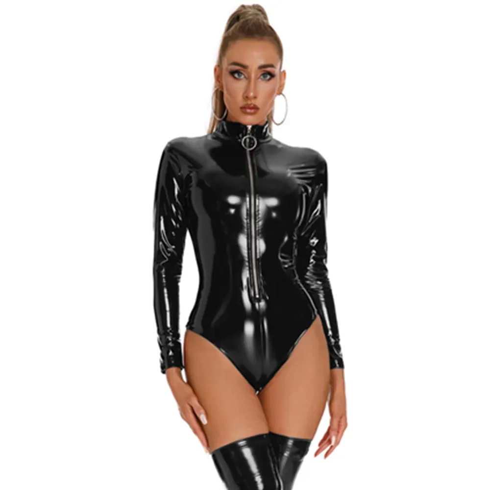 Women Sexy Long Sleeves Leather Bodysuit Erotic Lingerie Crotchless Catsuit Front Zip Glossy Latex Bodycon Clothing
Women Sexy Long Sleeves Leather Bodysuit Erotic Lingerie Crotchless Catsuit Front Zip Glossy Latex Bodycon Clothing