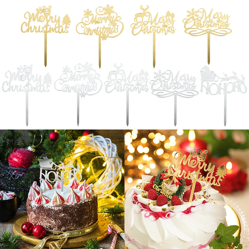 

3pcs Gold Silver Acrylic Merry Christmas Cake Topper Santa Clau Snowflake Elk Tree Cake Topper for Xmas Party Dessert Decoration