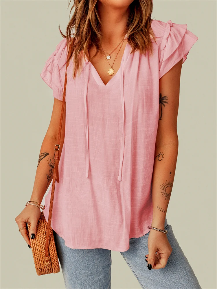Chiffon Blouses for Women Fashion 2023 Pink Summer Tops Short Sleeve Solid Color T-shirt Ruffles Elegant and Youth Female Shirt
Chiffon Blouses for Women Fashion 2023 Pink Summer Tops Short Sleeve Solid Color T-shirt Ruffles Elegant and Youth Female Shirt
