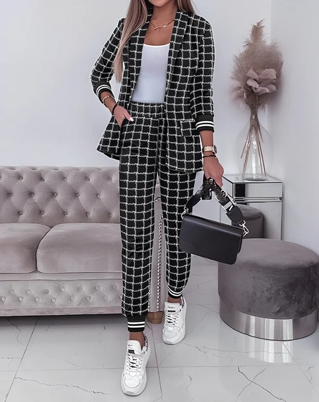 

2023 Women's Hot Selling New Casual Popular Plaid Print Shawl Collar Coat and Flipped Pants Set