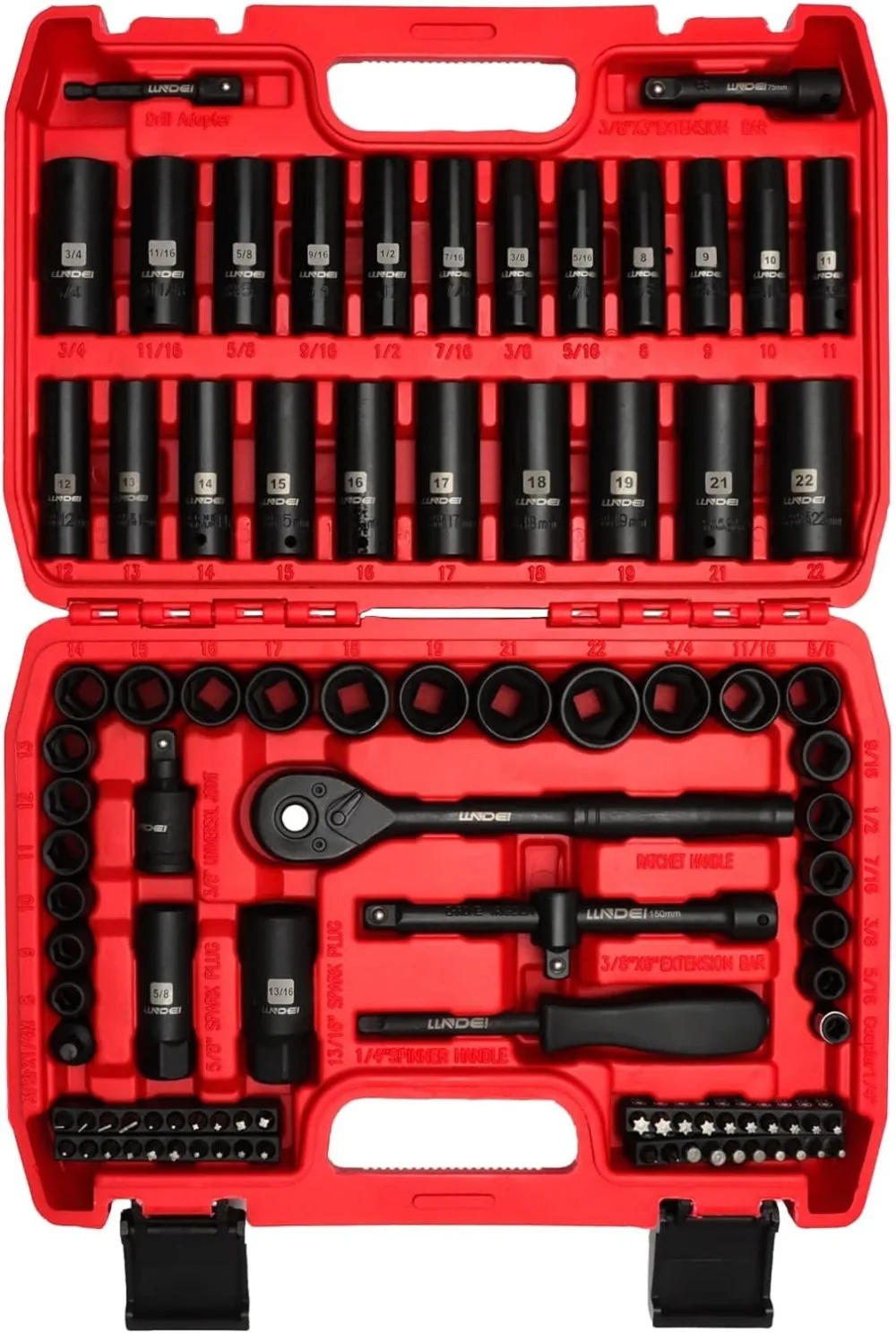 

LLNDEI 3/8”Drive Impact Socket Set,Standard SAE(5/16 to 3/4-Inch) Metric Size(8-22mm), 95 Piece, CR-V Steel Deep&Shallow Kit,